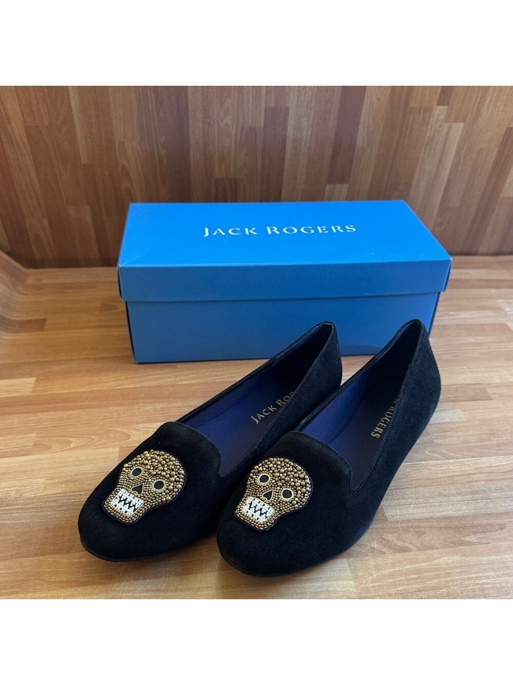 Jack Rogers Black Suede Pirate Skull Beaded Loafer Flats. Size 8.5